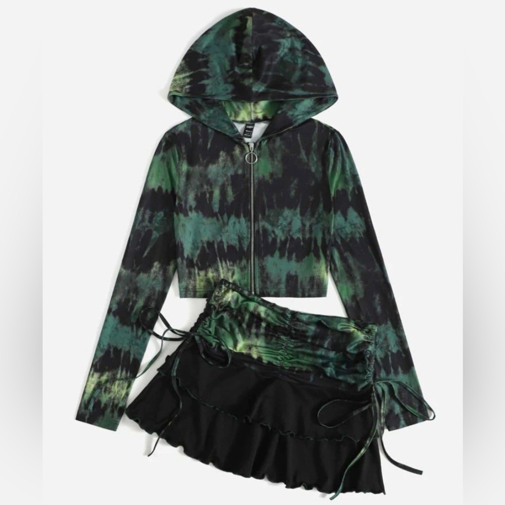 Tie Dye Ruched Crop Hoodie & Mini Skirt Set